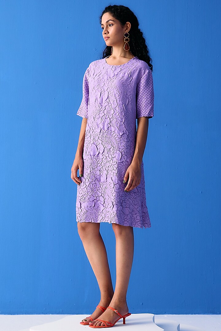 Lilac Textured Polyester Summer Dress by Pleats By Aruni at Pernia's Pop Up Shop