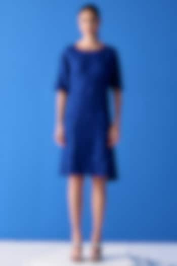 Blue Textured Polyester Dress by Pleats By Aruni