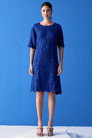 Blue Textured Polyester Dress by Pleats By Aruni