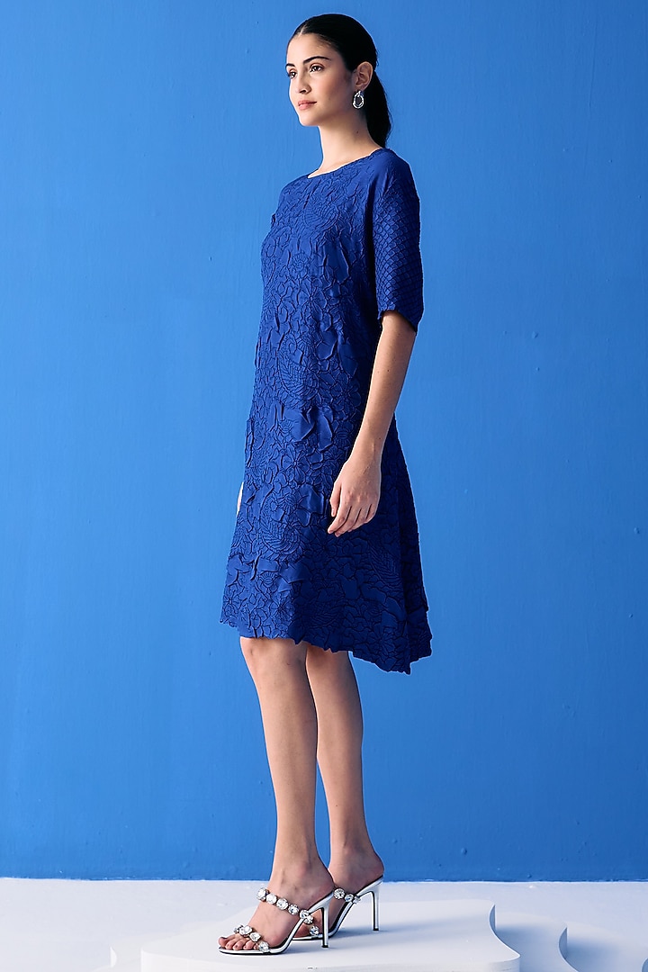 Blue Textured Polyester Summer Dress by Pleats By Aruni at Pernia's Pop Up Shop