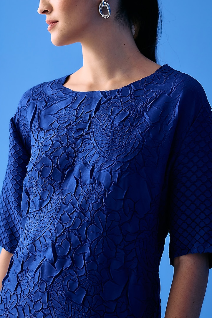Blue Textured Polyester Summer Dress by Pleats By Aruni at Pernia's Pop Up Shop