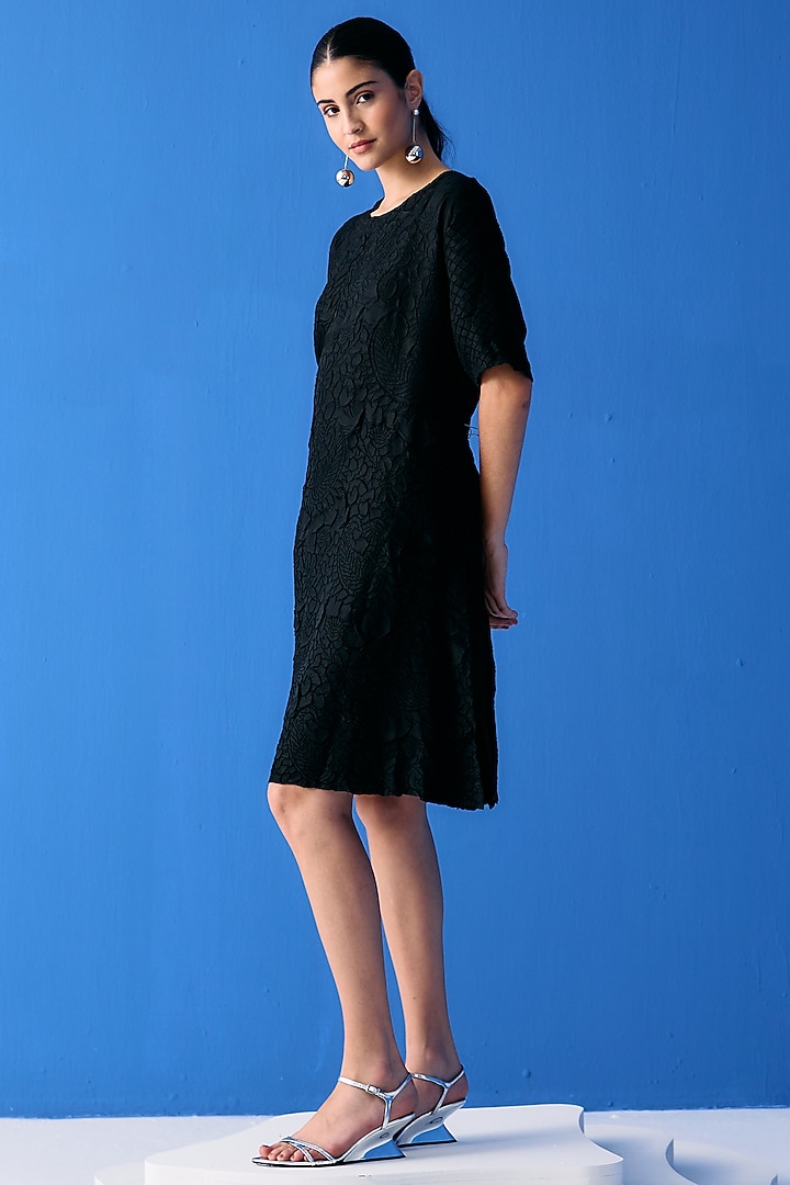Black Textured Polyester Summer Dress by Pleats By Aruni at Pernia's Pop Up Shop
