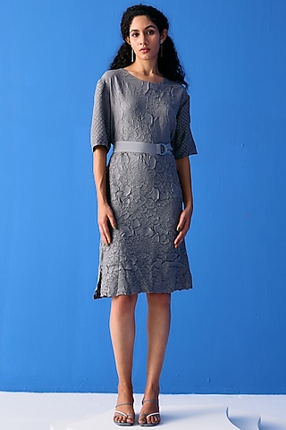 Grey Textured Polyester Dress by Pleats By Aruni