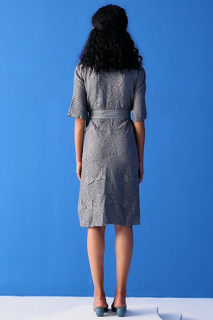 Grey Textured Polyester Summer Dress by Pleats By Aruni at Pernia's Pop Up Shop