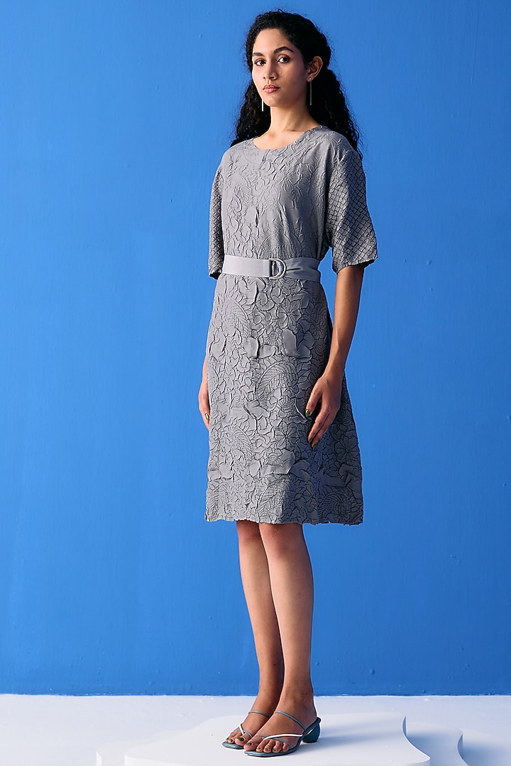 Grey Textured Polyester Summer Dress by Pleats By Aruni at Pernia's Pop Up Shop