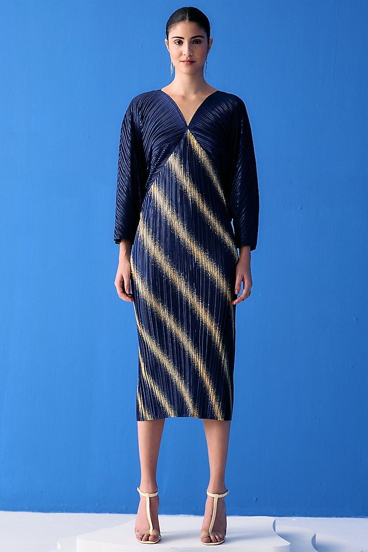 Blue Pleated Polyester Kaftan Dress by Pleats By Aruni