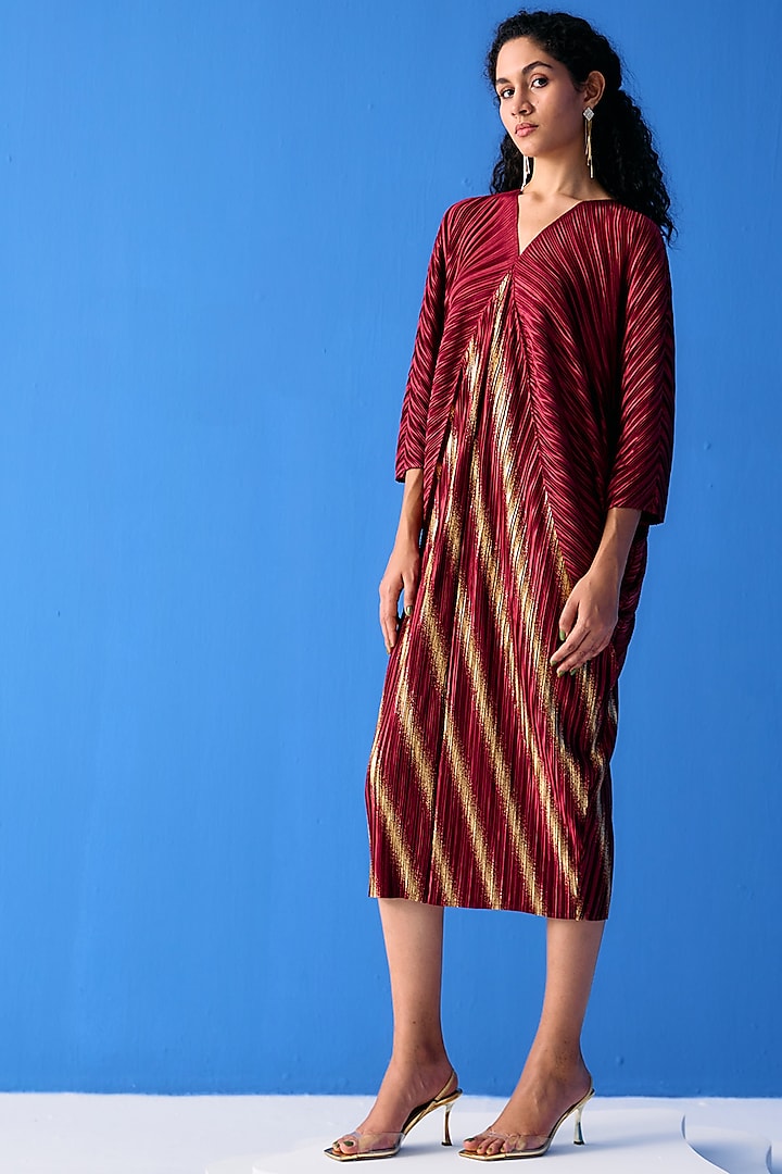 Maroon Pleated Polyester Kaftan Dress by Pleats By Aruni