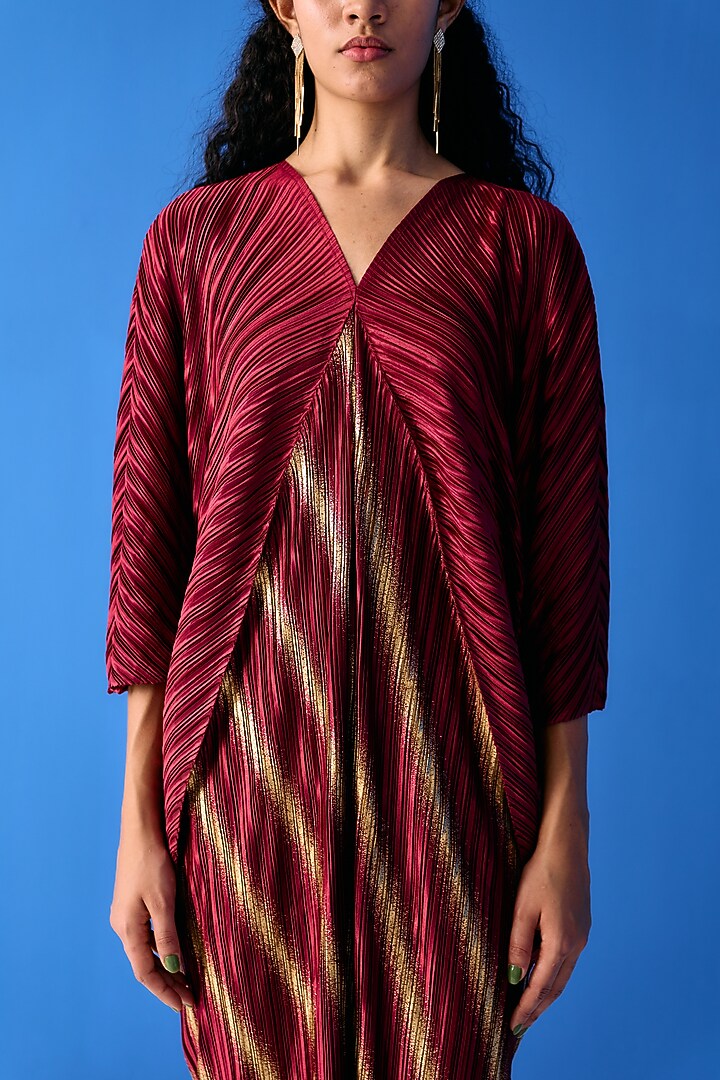 Maroon Pleated Polyester Kaftan Summer Dress by Pleats By Aruni at Pernia's Pop Up Shop