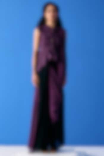 Black & Purple Chiffon Skirt Saree Set by Pleats By Aruni