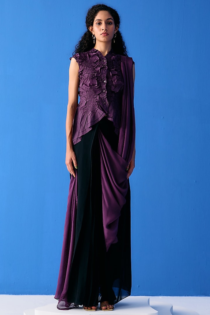Black & Purple Chiffon Skirt Saree Set by Pleats By Aruni