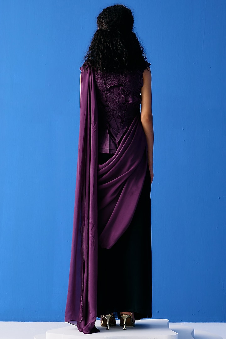 Black & Purple Chiffon Skirt Festive Saree Set by Pleats By Aruni at Pernia's Pop Up Shop