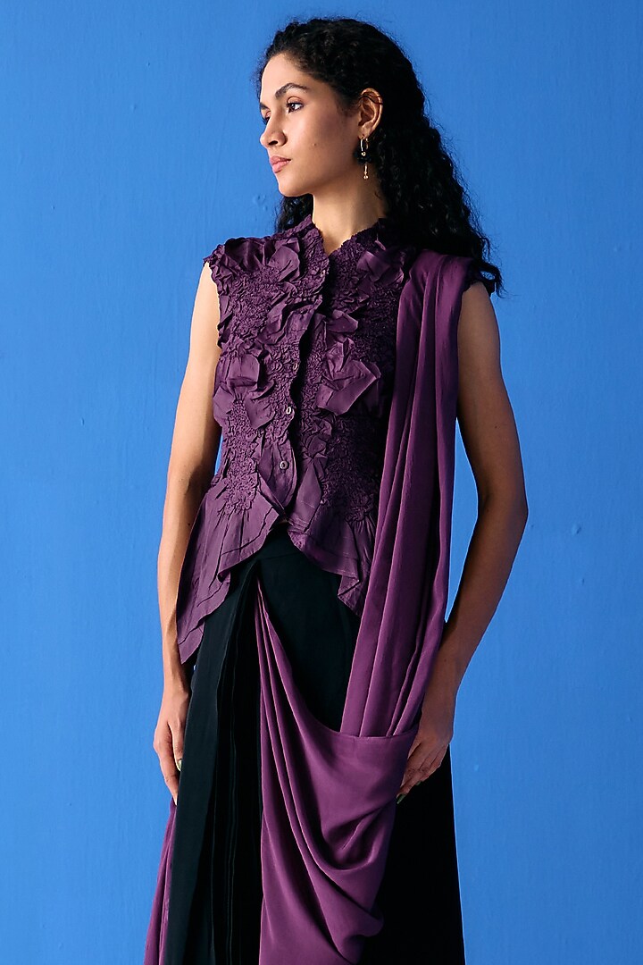 Black & Purple Chiffon Skirt Festive Saree Set by Pleats By Aruni at Pernia's Pop Up Shop