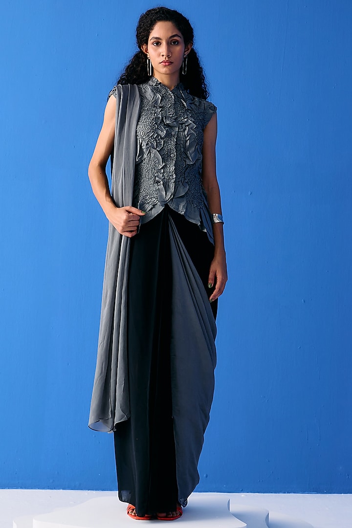 Black & Grey Chiffon Skirt Saree Set by Pleats By Aruni