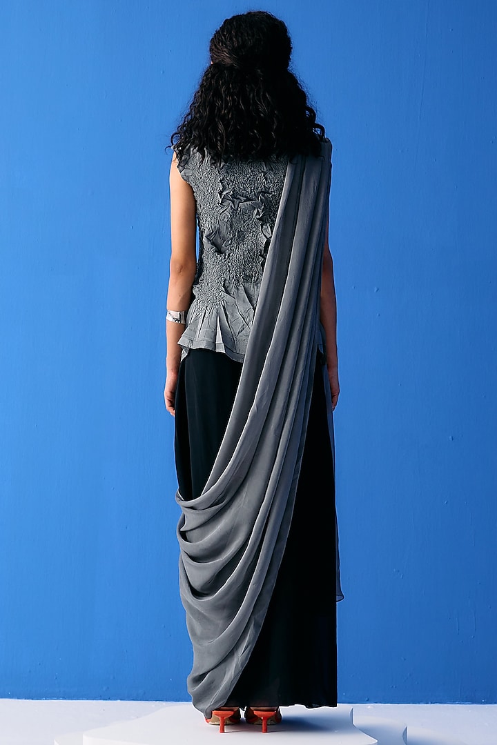 Black & Grey Chiffon Skirt Festive Saree Set by Pleats By Aruni at Pernia's Pop Up Shop