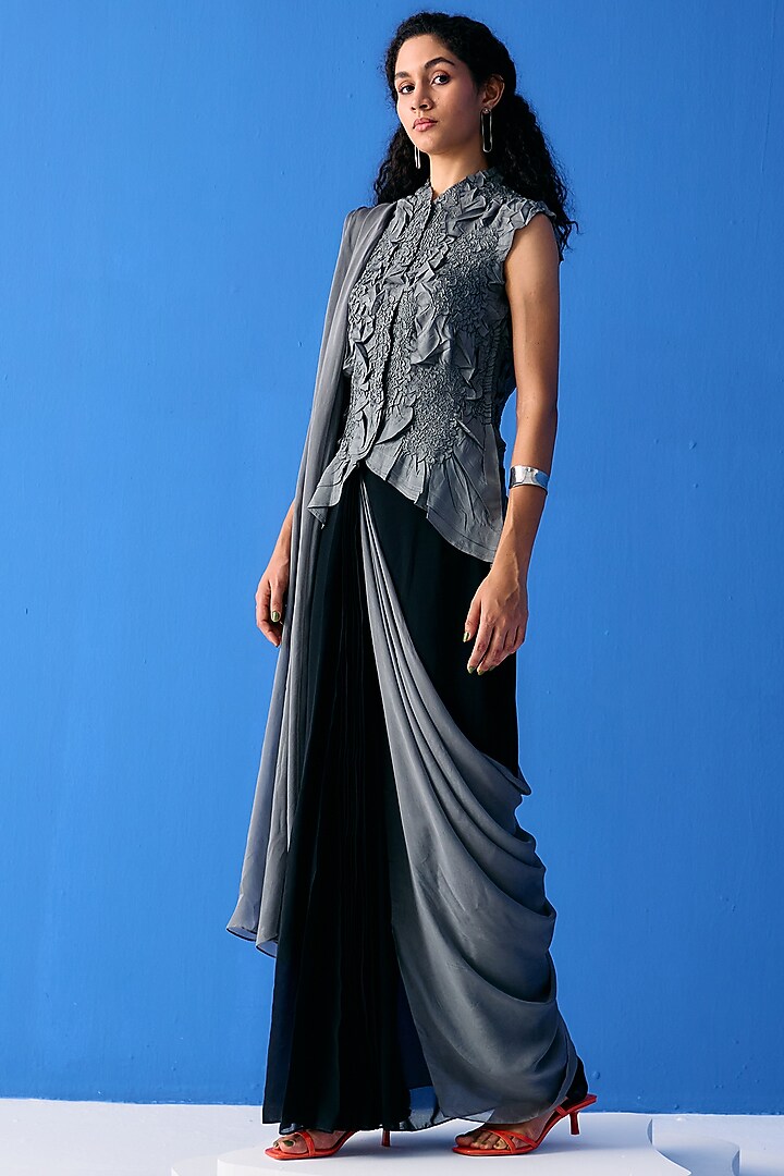 Black & Grey Chiffon Skirt Festive Saree Set by Pleats By Aruni at Pernia's Pop Up Shop