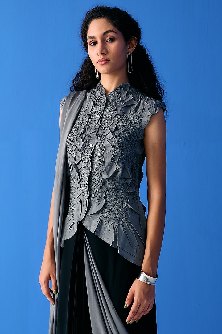 Black & Grey Chiffon Skirt Festive Saree Set by Pleats By Aruni at Pernia's Pop Up Shop