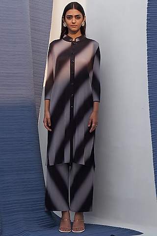 Black & Grey Pleated Polyester Printed Kurta Set by Pleats By Aruni