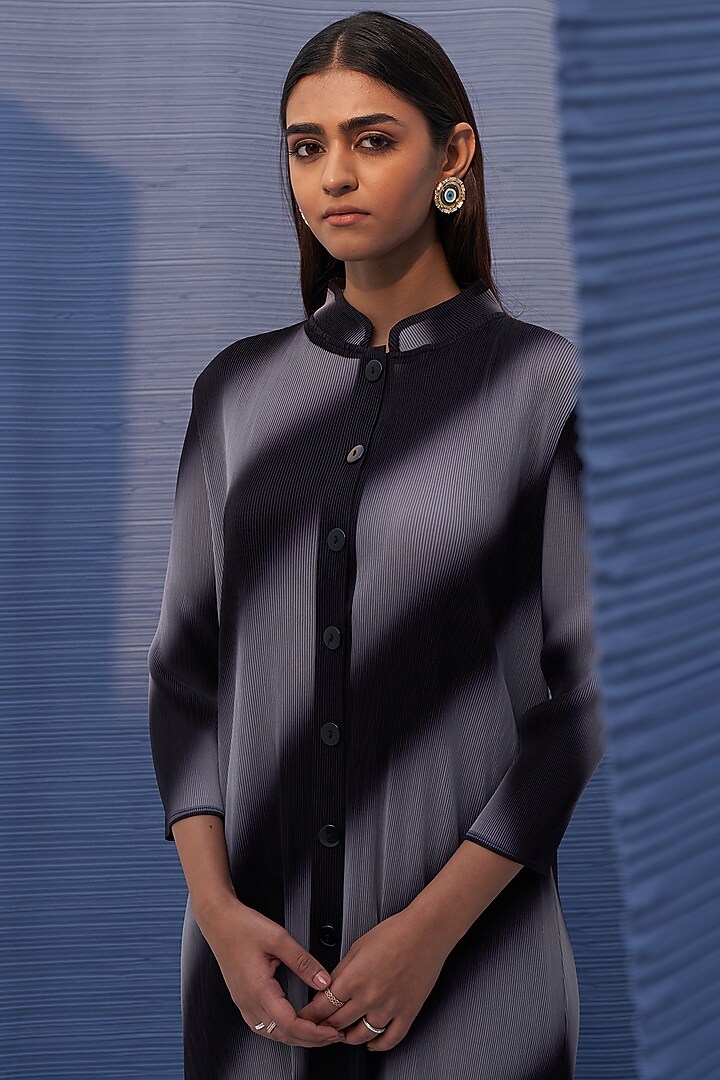 Black & Grey Pleated Polyester Printed Kurta Set by Pleats By Aruni at Pernia's Pop Up Shop