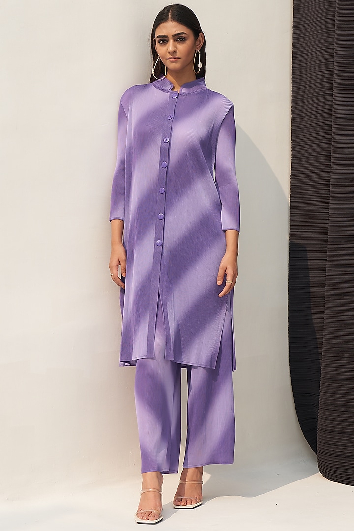 Purple Pleated Polyester Printed Kurta Set by Pleats By Aruni at Pernia's Pop Up Shop
