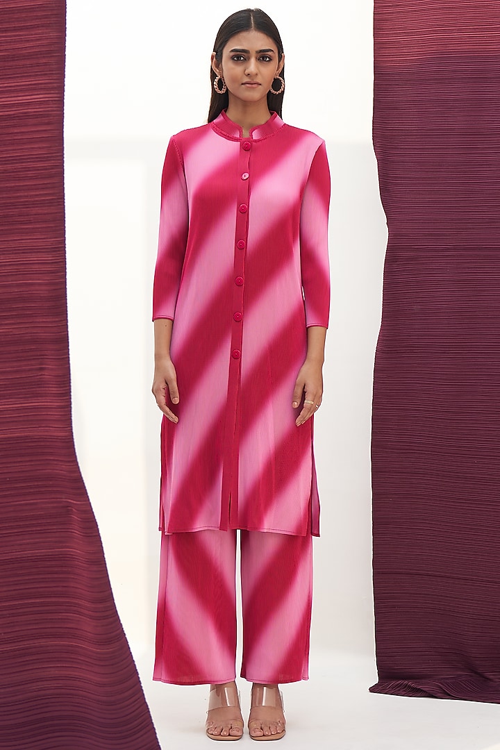 Pink Pleated Polyester Printed Kurta Set by Pleats By Aruni