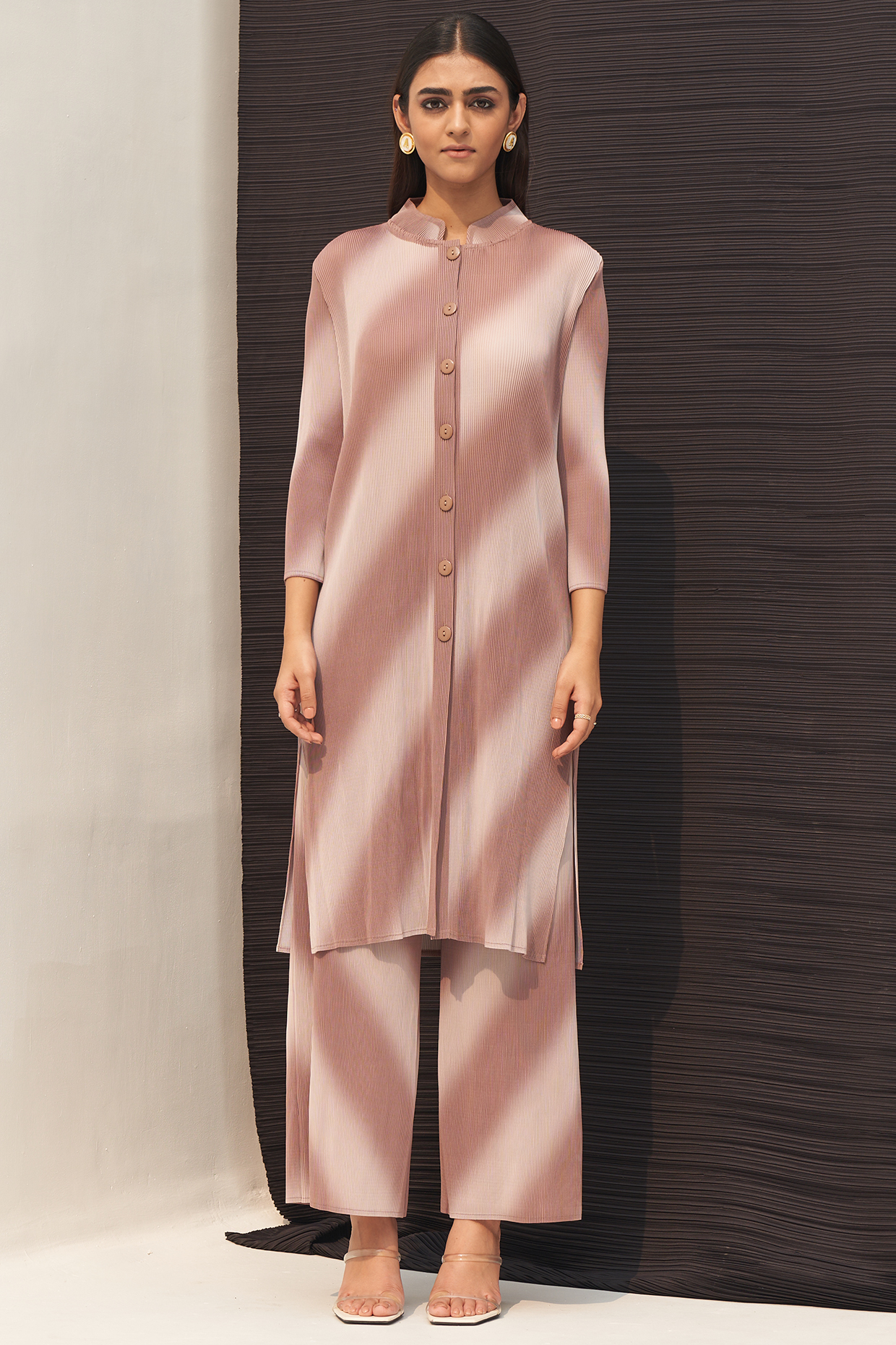 Brown Pleated Polyester Printed Kurta Set by Pleats By Aruni at Pernia's Pop Up Shop