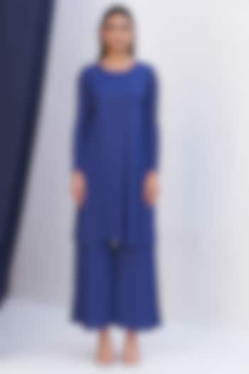 Electric Blue Pleated Polyester Kurta Set by Pleats By Aruni at Pernia's Pop Up Shop