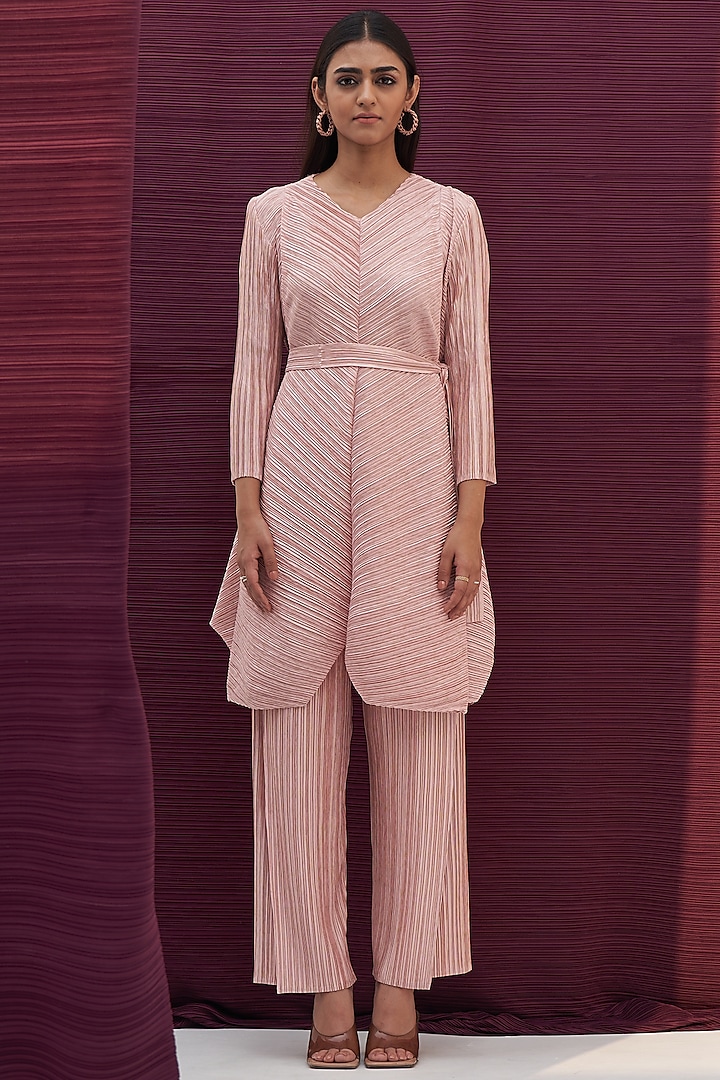 Pink Pleated Polyester Co-Ord Set by Pleats By Aruni