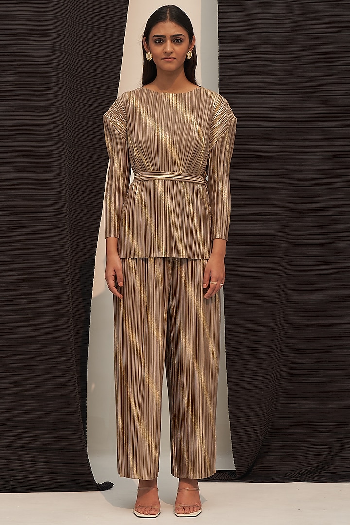 Gold Pleated Polyester Co-Ord Set by Pleats By Aruni