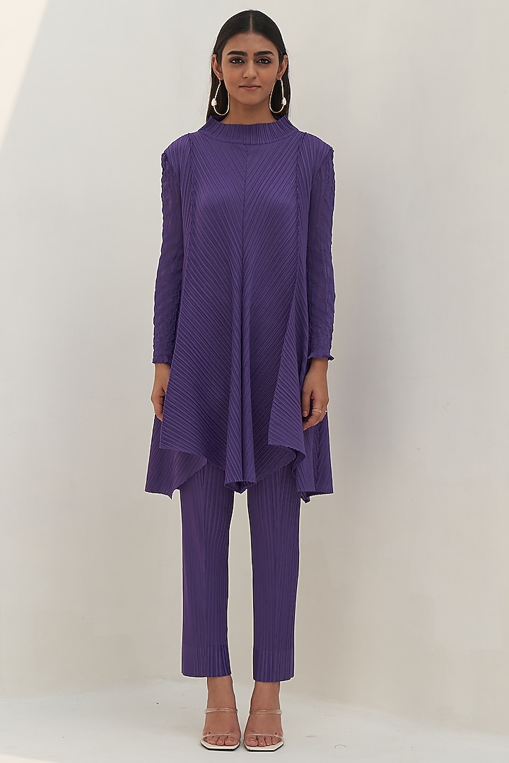 Purple Pleated Polyester Kurta Set by Pleats By Aruni