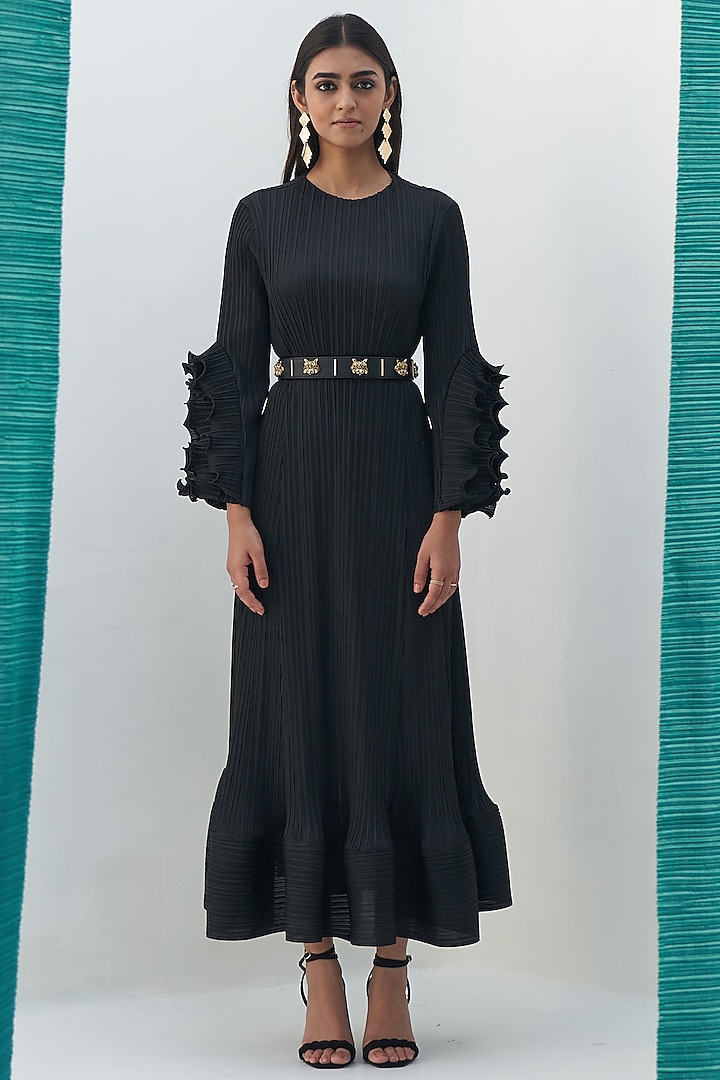 Black Pleated Polyester Dress by Pleats By Aruni