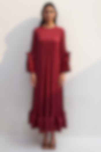 Maroon Pleated Polyester Dress by Pleats By Aruni