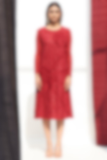 Red Pleated Polyester Dress by Pleats By Aruni