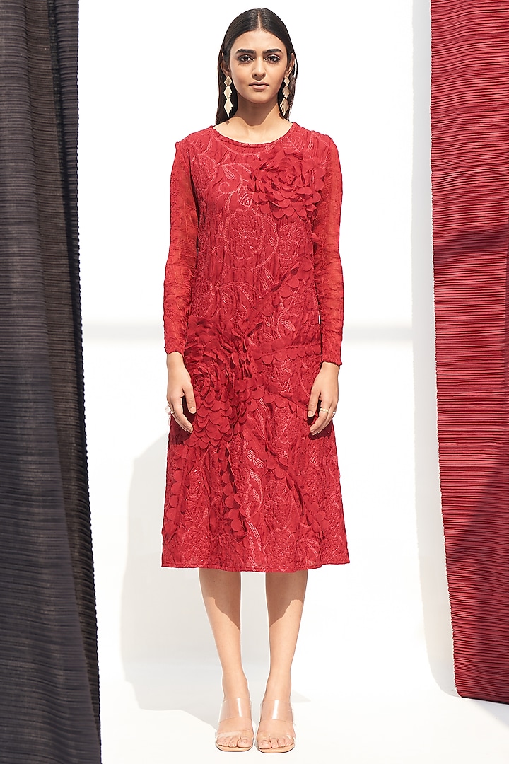 Red Pleated Polyester Dress by Pleats By Aruni at Pernia's Pop Up Shop