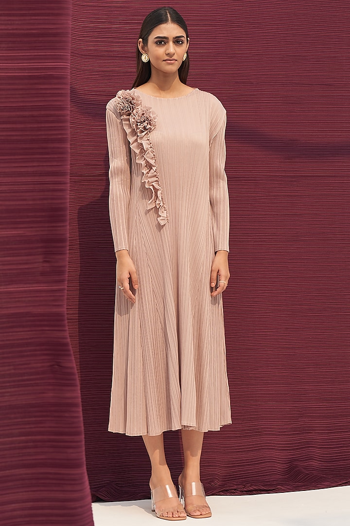 Beige Pleated Polyester Dress by Pleats By Aruni at Pernia's Pop Up Shop