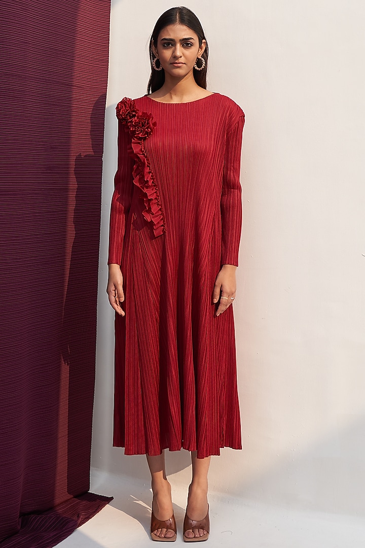 Maroon Pleated Polyester Dress by Pleats By Aruni