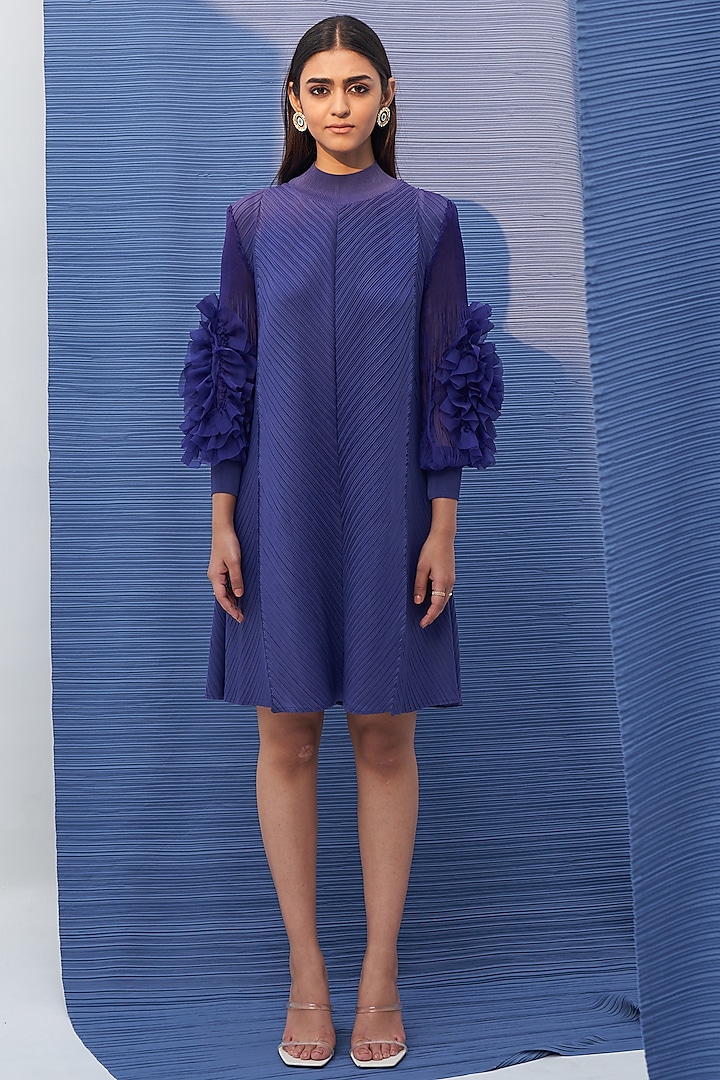 Blue Pleated Polyester Dress by Pleats By Aruni