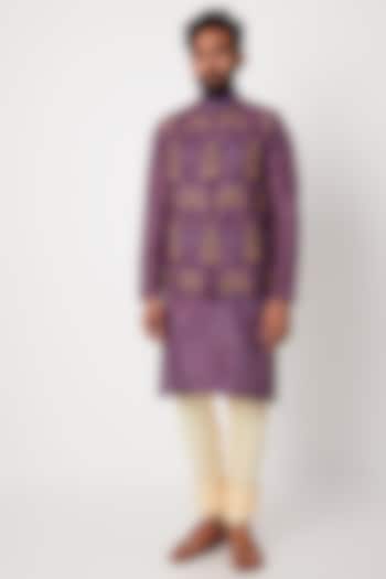 Purple Embroidered Bundi Jacket With Kurta Set by Anurav