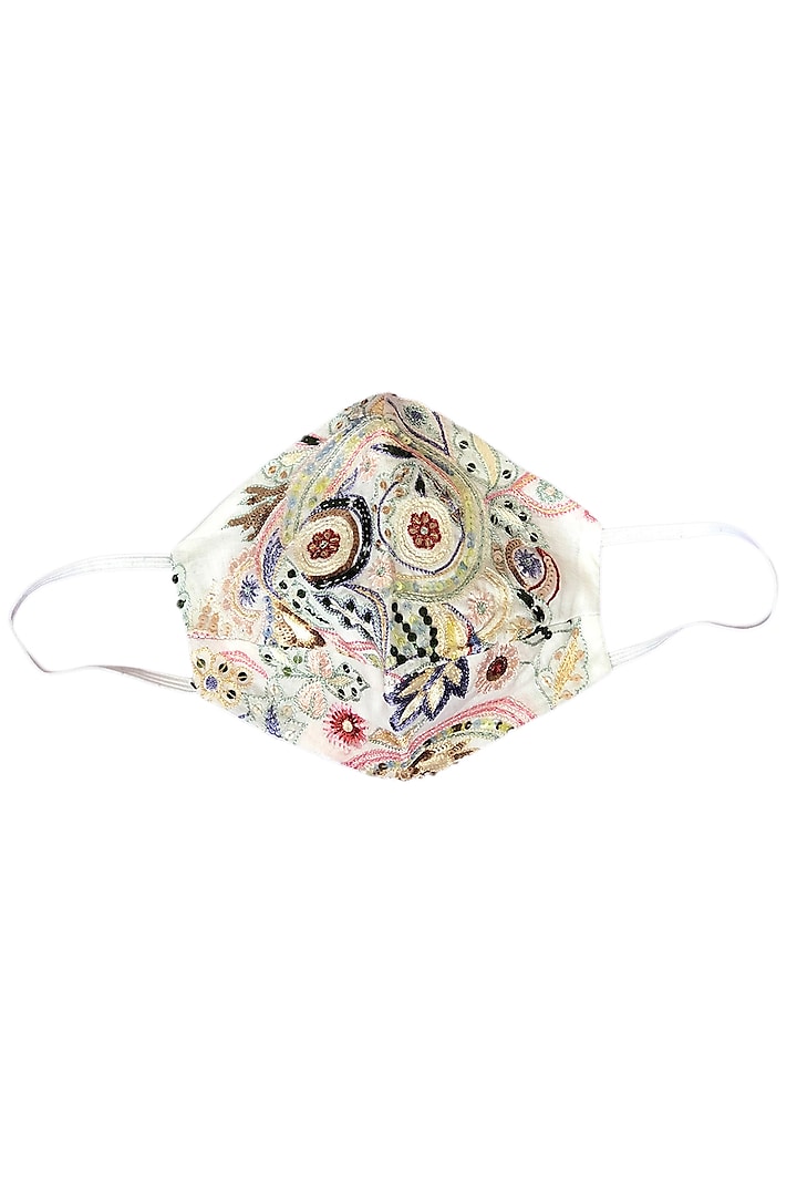 White Embroidered 3 Layered Mask by Anurav