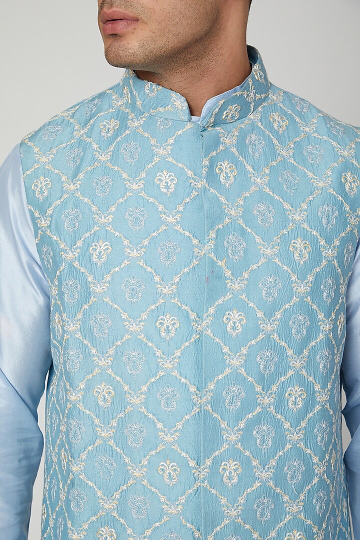 Sky Blue Embroidered Waistcoat by Anurav at Pernia's Pop Up Shop