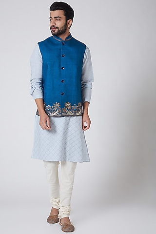 Sky Blue Embroidered Waistcoat by Anurav