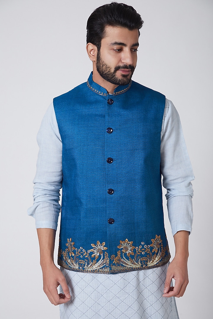 Sky Blue Embroidered Waistcoat by Anurav at Pernia's Pop Up Shop