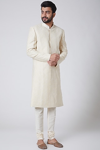 Ivory Embroidered Sherwani Set by Anurav