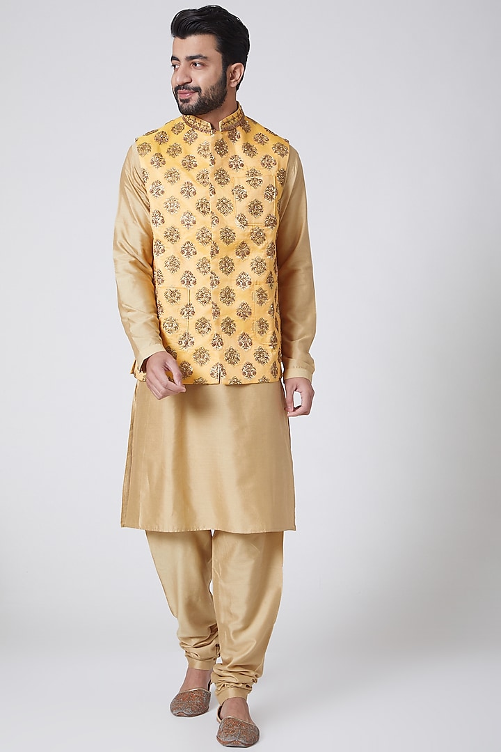 Orange & Gold Embroidered Waist Coat by Anurav
