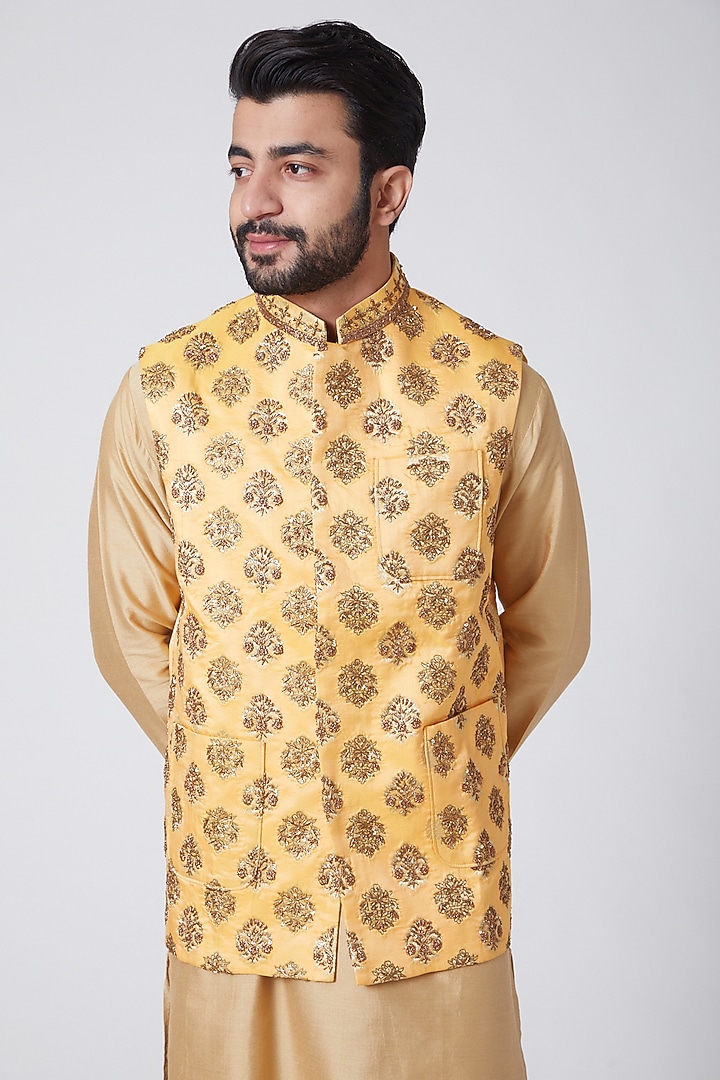 Orange & Gold Embroidered Waist Coat by Anurav at Pernia's Pop Up Shop