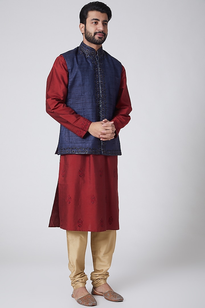 Navy Blue Embroidered Waist Coat by Anurav