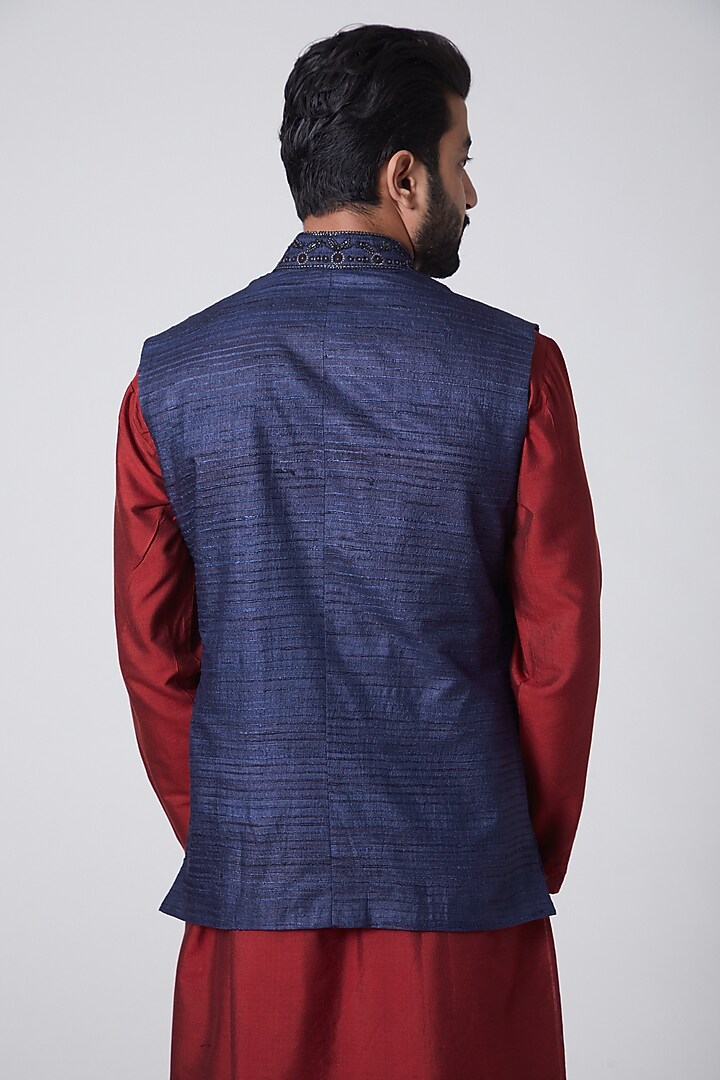Navy Blue Embroidered Waist Coat by Anurav at Pernia's Pop Up Shop
