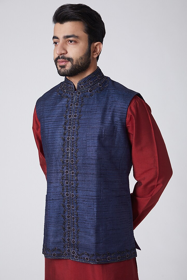 Navy Blue Embroidered Waist Coat by Anurav at Pernia's Pop Up Shop