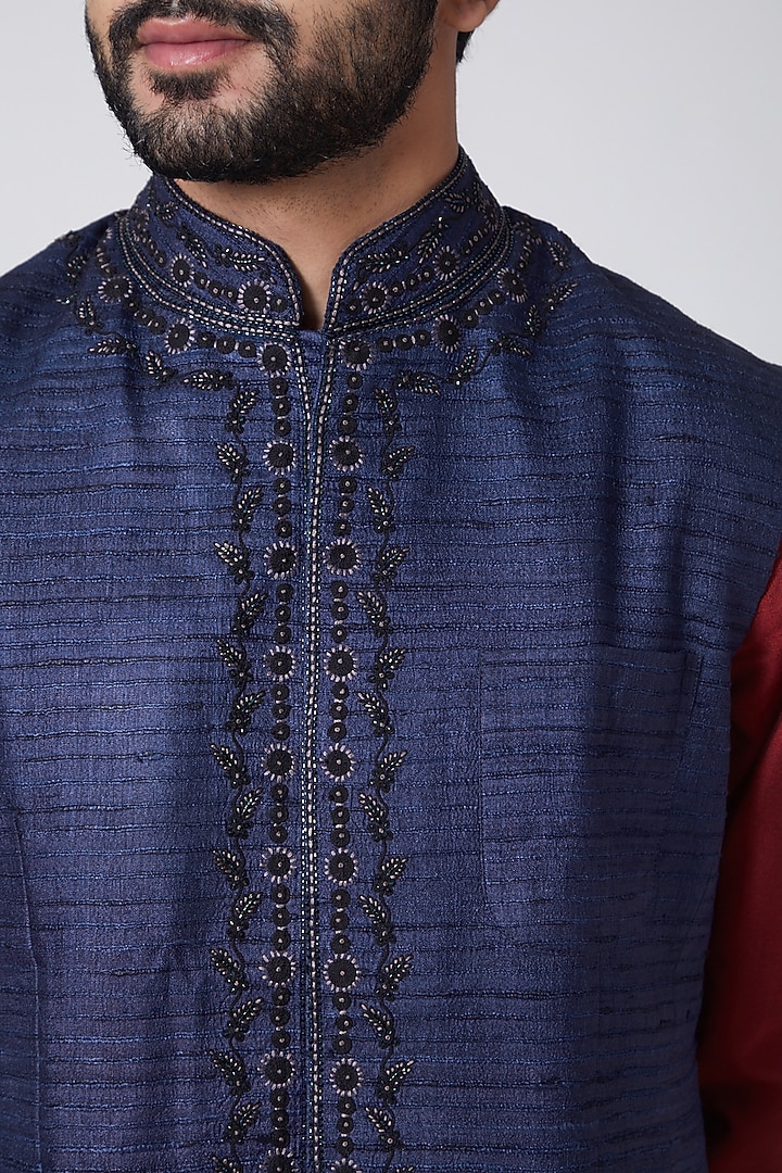 Navy Blue Embroidered Waist Coat by Anurav at Pernia's Pop Up Shop