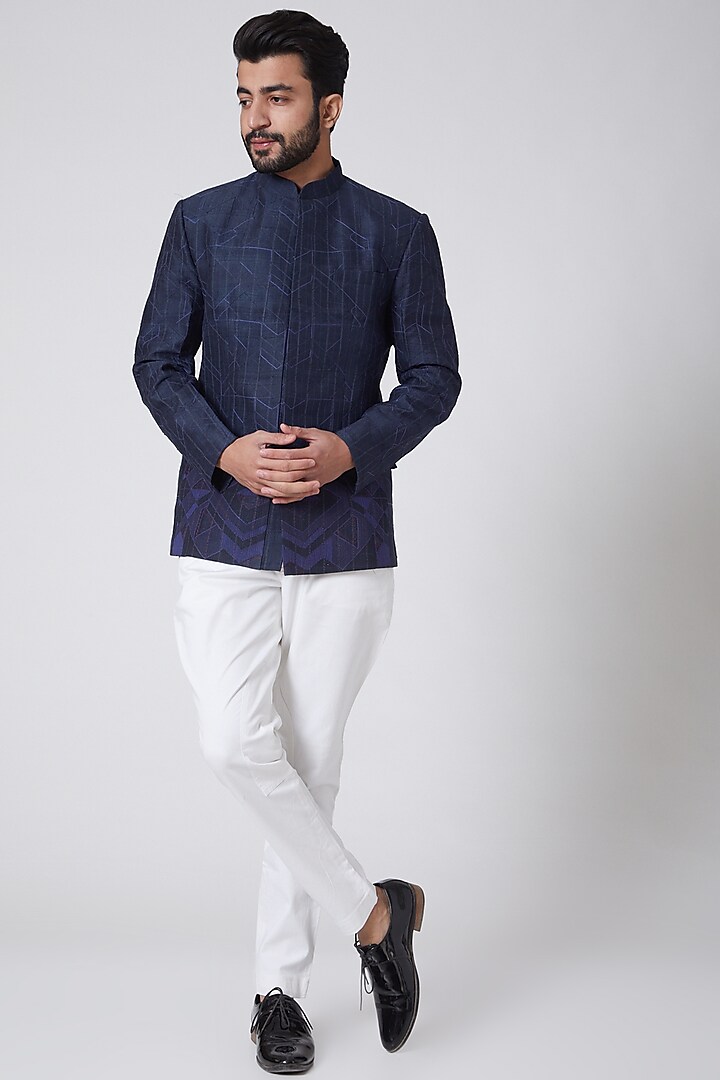 Navy Blue Embroidered Bandhgala Jacket by Anurav