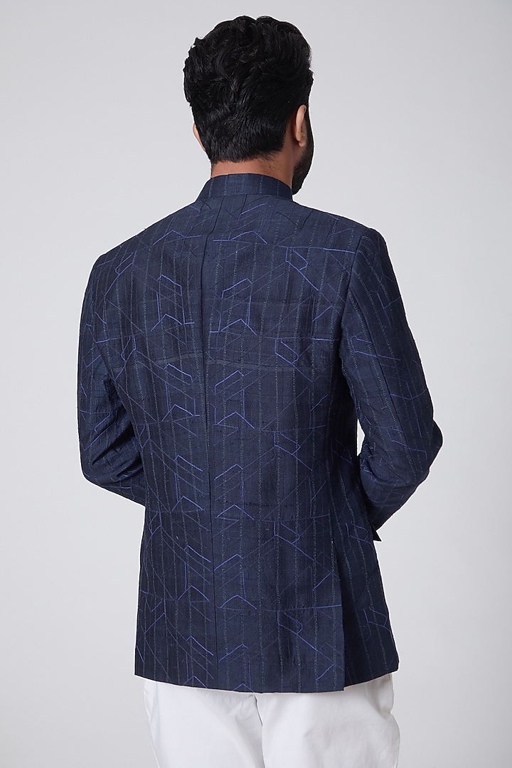 Navy Blue Embroidered Wedding Bandhgala Jacket by Anurav at Pernia's Pop Up Shop